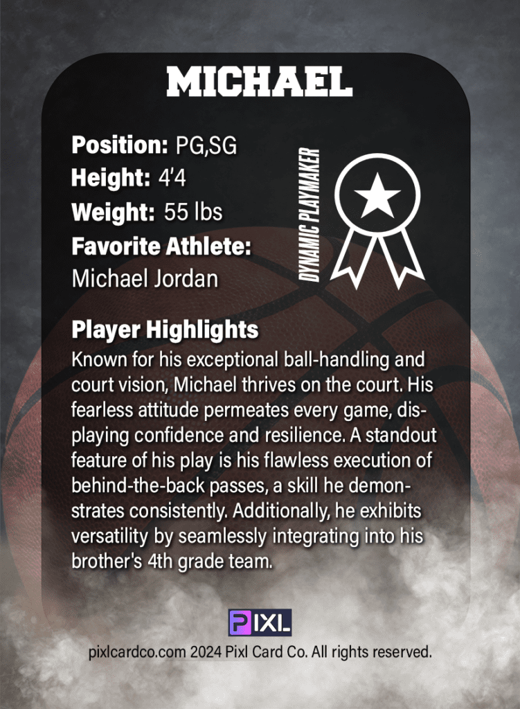 Custom basketball trading card back design for NESB, featuring a personalized player highlights for team members.