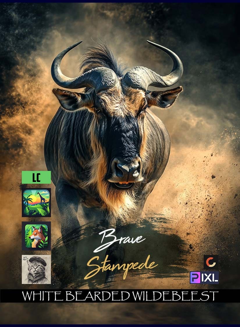 Front view of White Bearded Wildebeest trading card from the Wild Majesty Collection