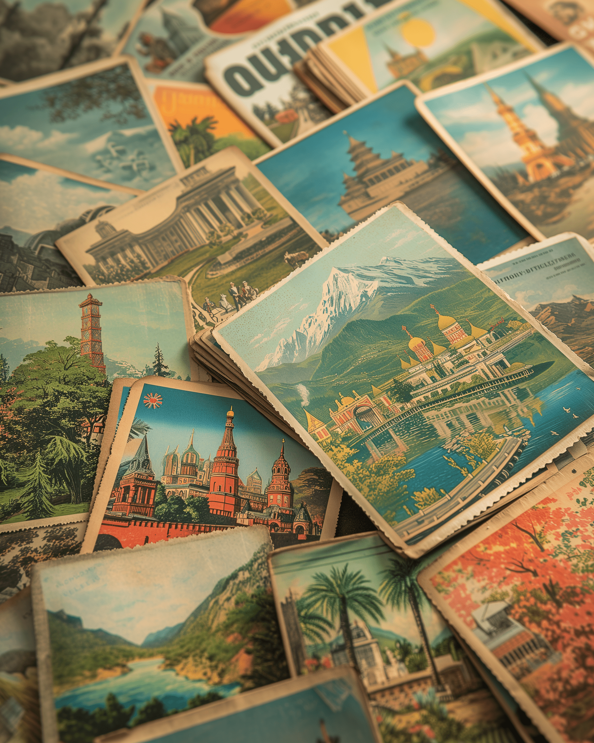 A scattered collection of travel-themed trading cards.