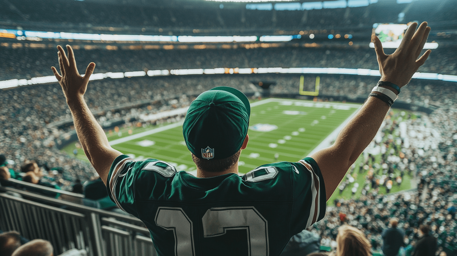 A football fan in the stands, viewed from behind, wearing a split dual team jersey—half New York Jets and half New York Giants—raising his hands in excitement during a game, with a stadium full of fans in the background.