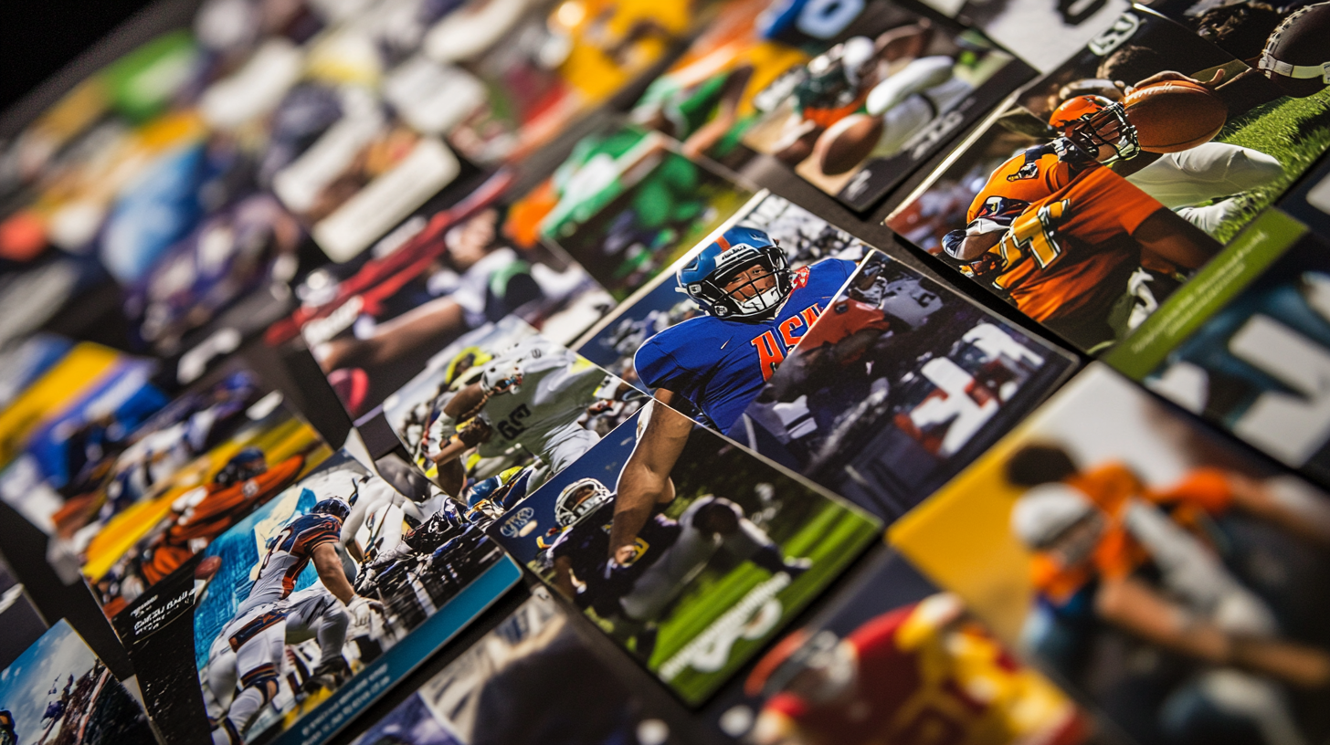 Custom school trading cards showcasing team colors, logos, and action shots of athletes.