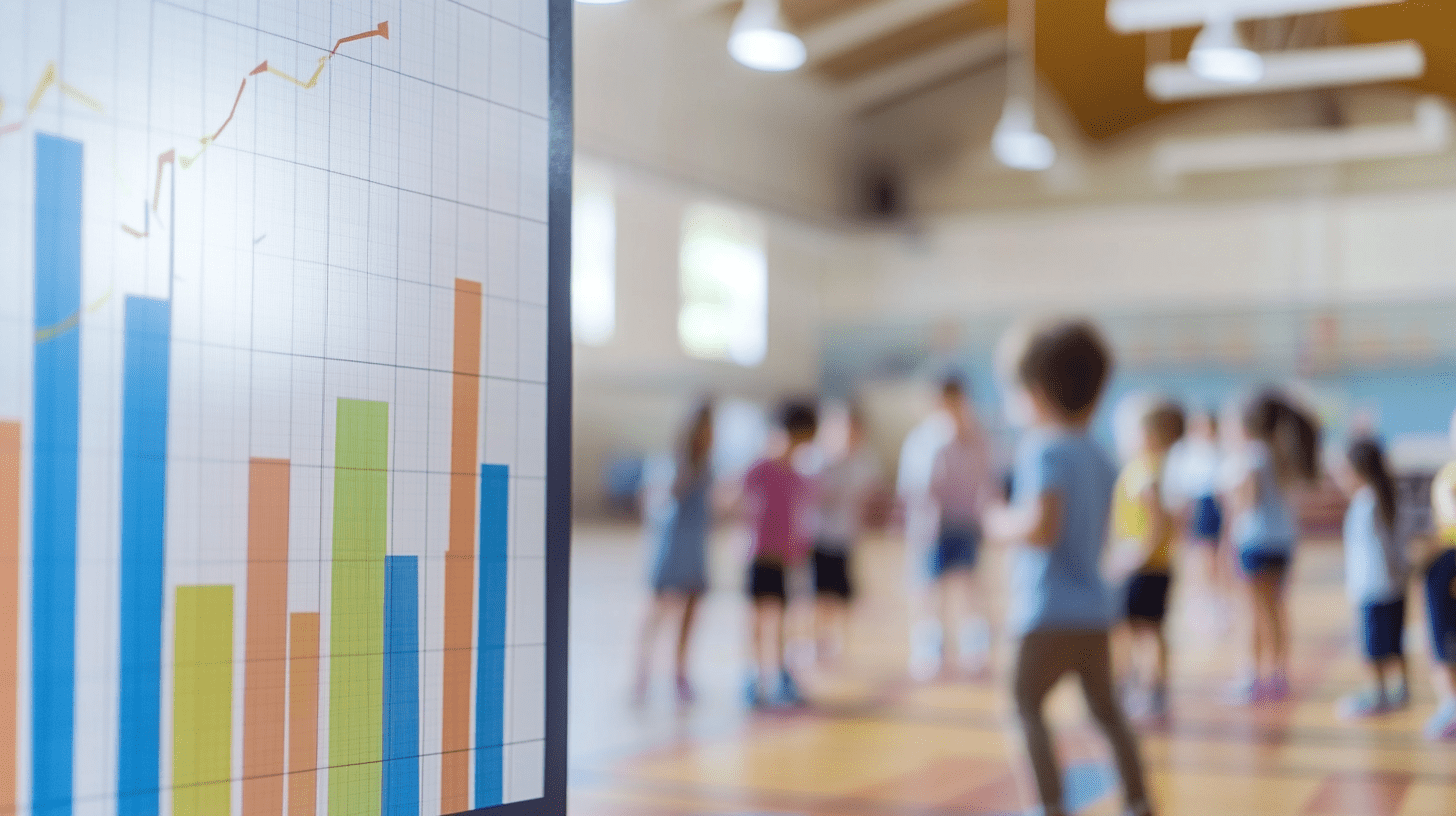 A revenue chart showing a sharp increase with a high school gymnasium and students in the background.